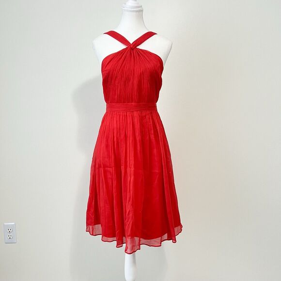 J. Crew Sinclair Red Dress 100% Silk Halter Fit & Flare Chiffon Size 8 - Picture 1 of 7